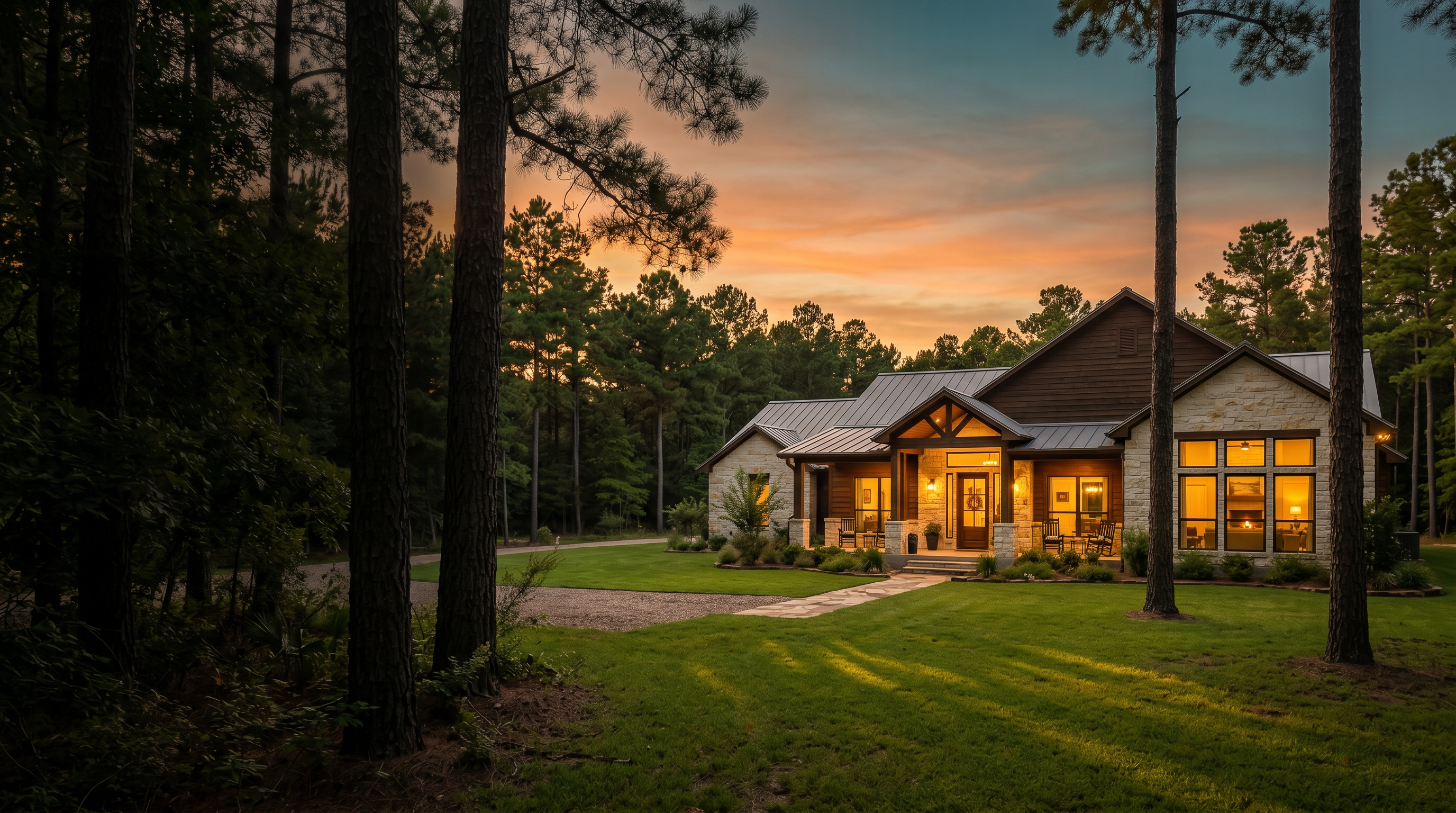 Contemporary lodge-style house with stone accents and large windows in a pine forest at golden-hour sunset