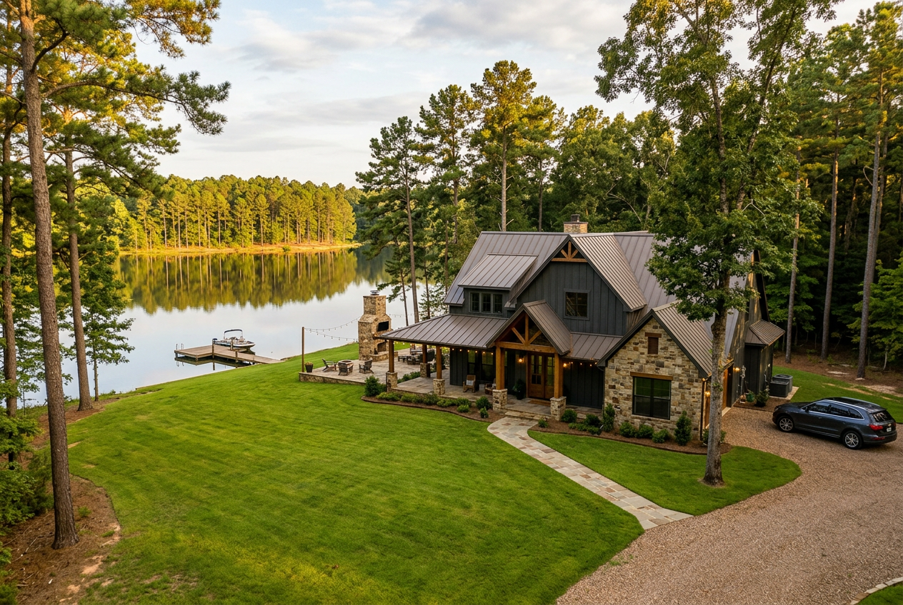 Modern lakeside cabin home with stone accents and a private dock near Magnolia, Texas