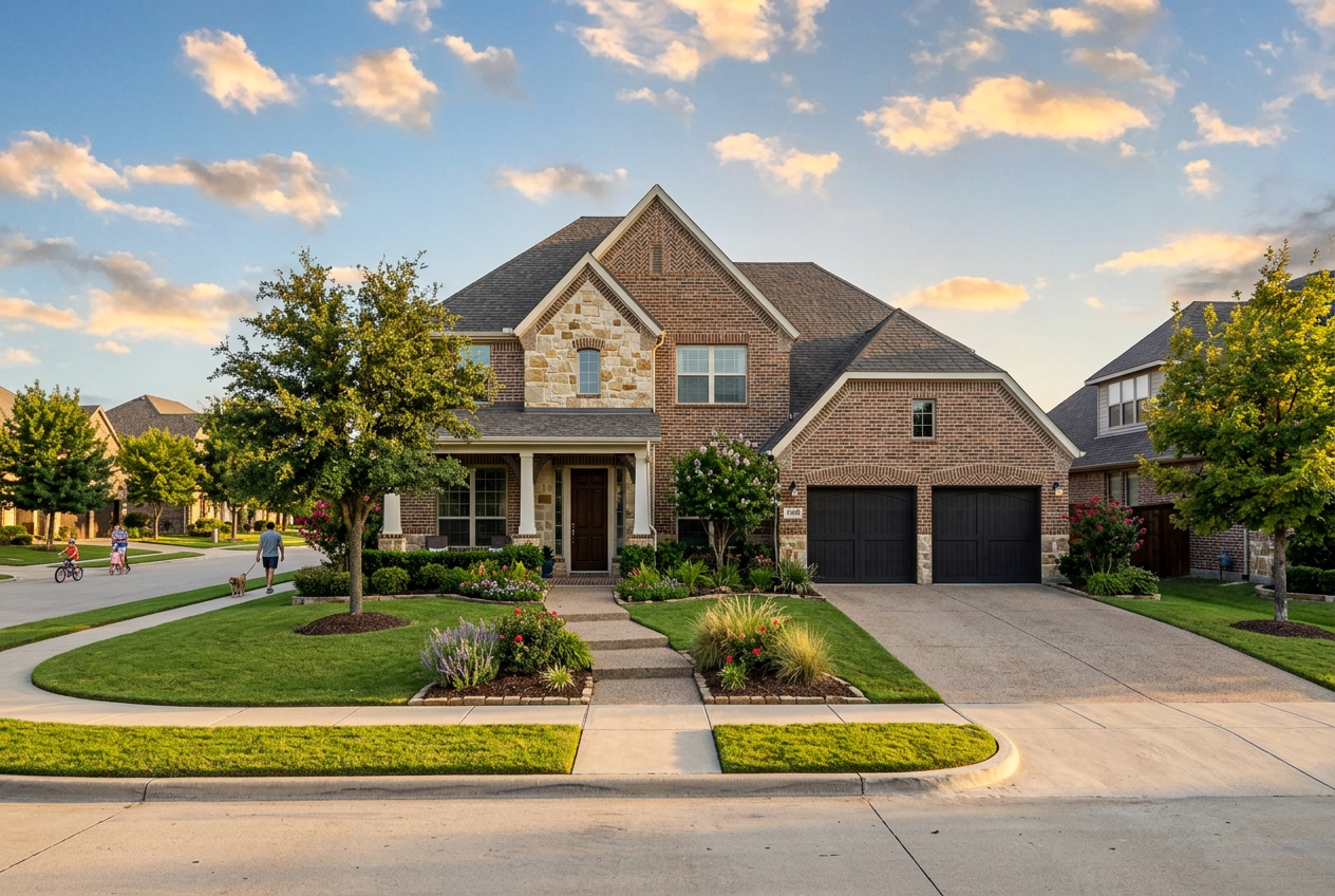 Two-story modern suburban brick and stone house in Magnolia Ridge