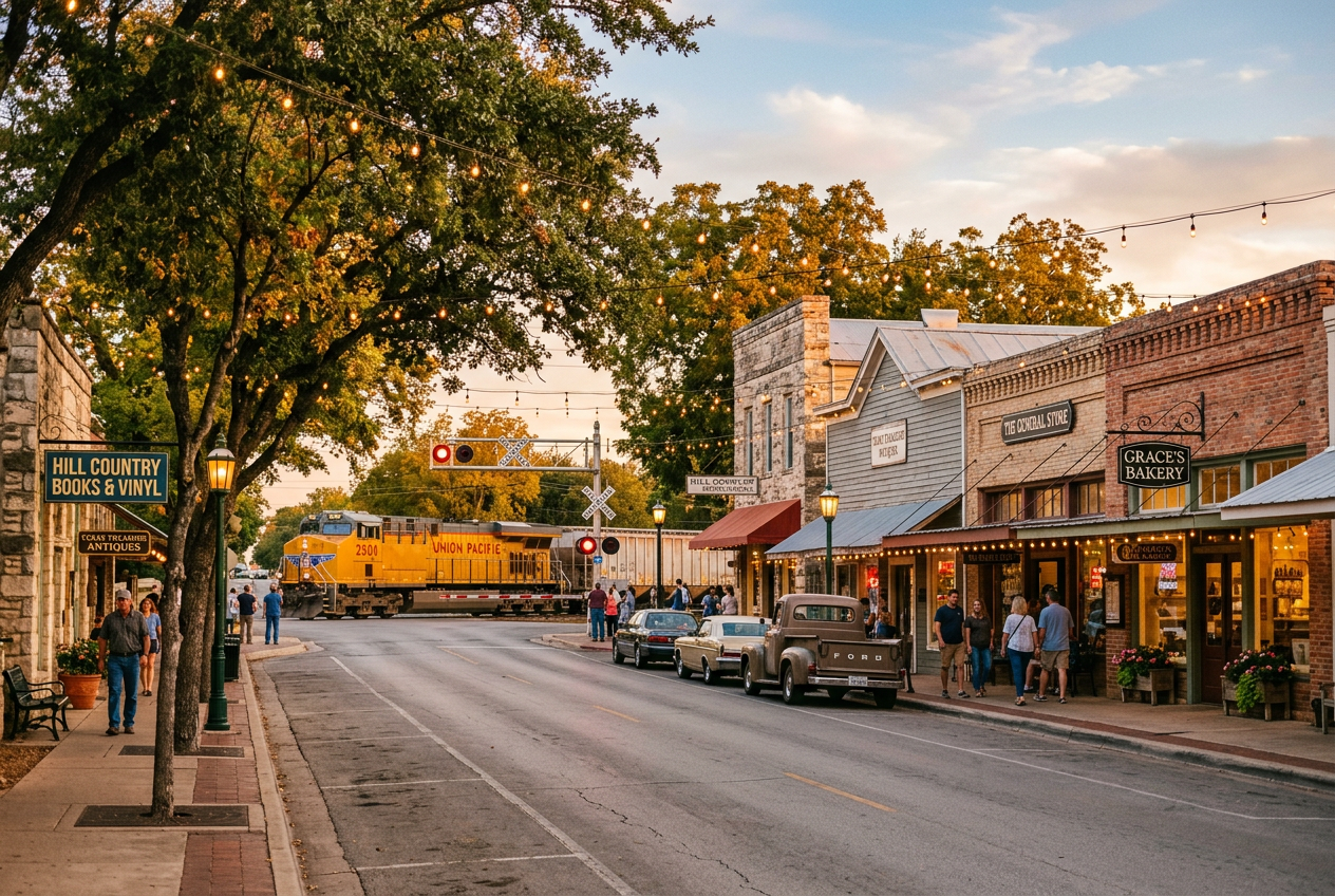 Historic small-town main street in Magnolia, Texas