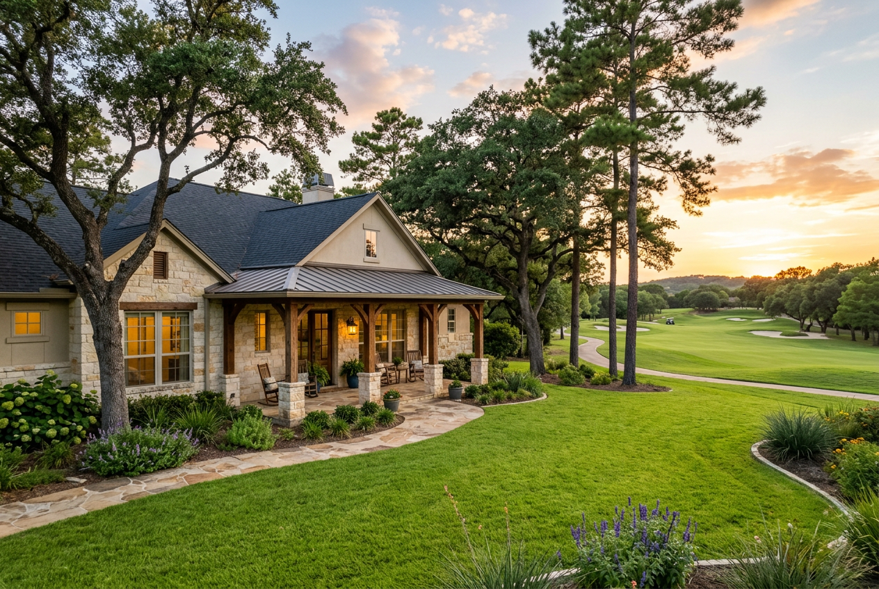Luxury home at sunset in a Magnolia, Texas golf-course community