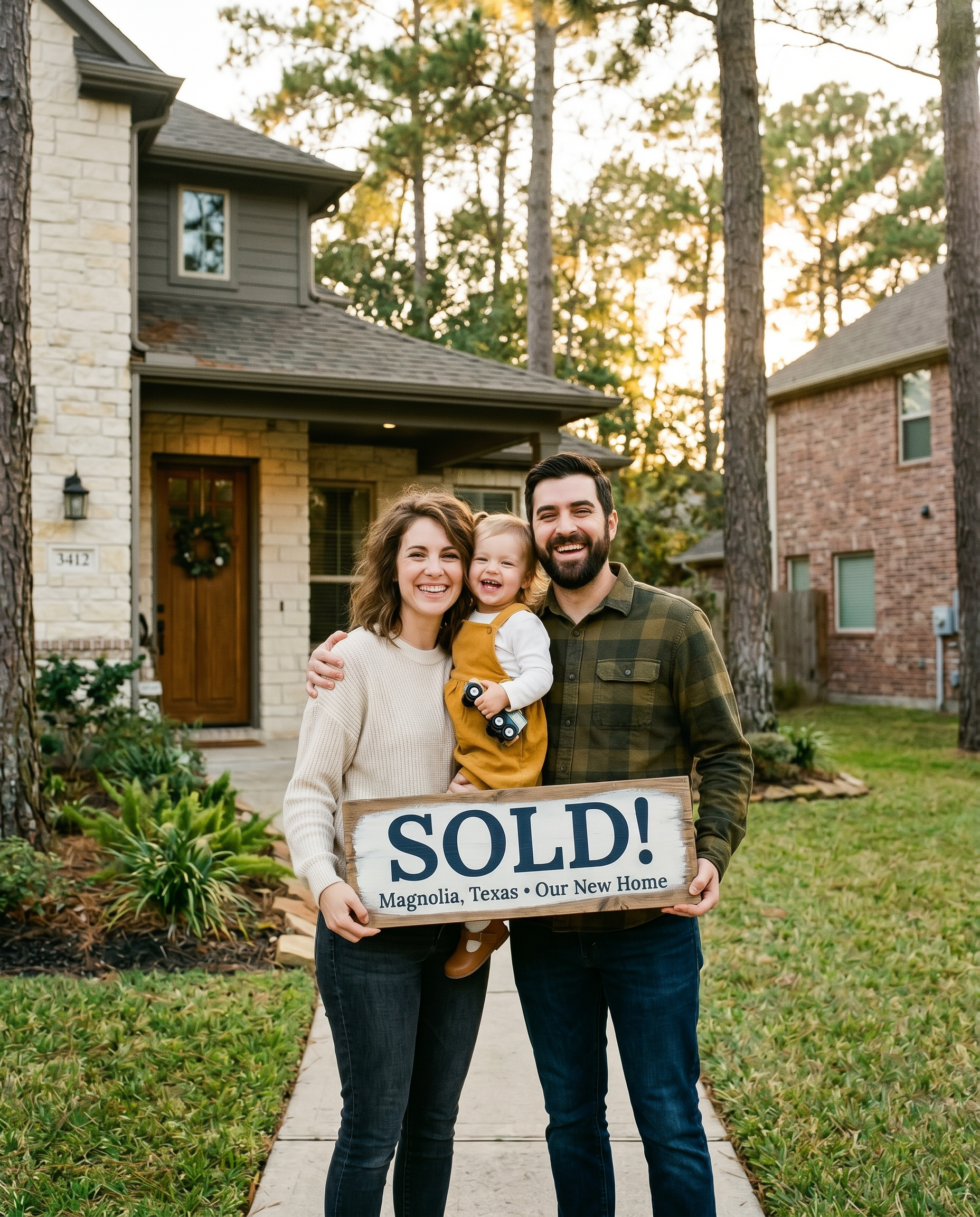 A happy family in front of their new Magnolia, Texas home